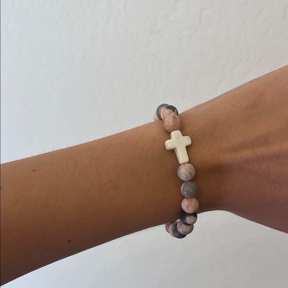 Pink and White stone Beaded Bracelet with Cross Charm